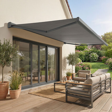 Store banne coffre intégral SOA (Motorisation à télécommande + Manœuvre de secours + LED - Gris anthracite RAL 7016 - Gris foncé 250g/m²)