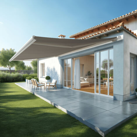 Store banne coffre intégral SUZY 5,00x3,50 M (Motorisé Secours à Télécommande + LED - Blanc satiné RAL9010 - Gris clair)