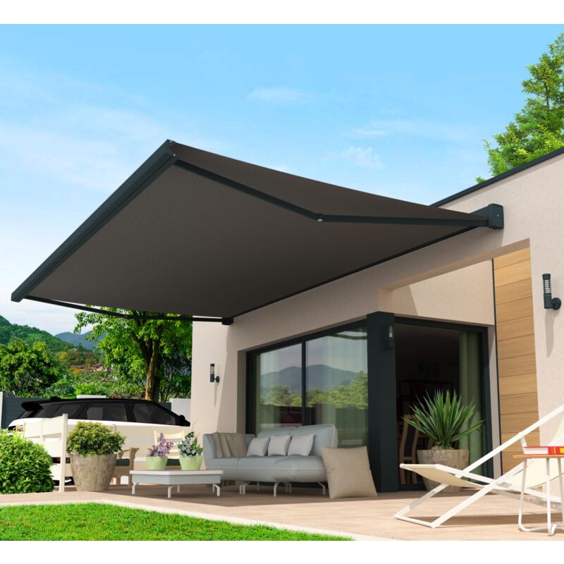 Store banne coffre intégral lebron 4,00x3,50 m (Motorisé Secours à Télécommande + led - Gris anthracite structuré RAL7016ST - S126 acrylique uni gris)