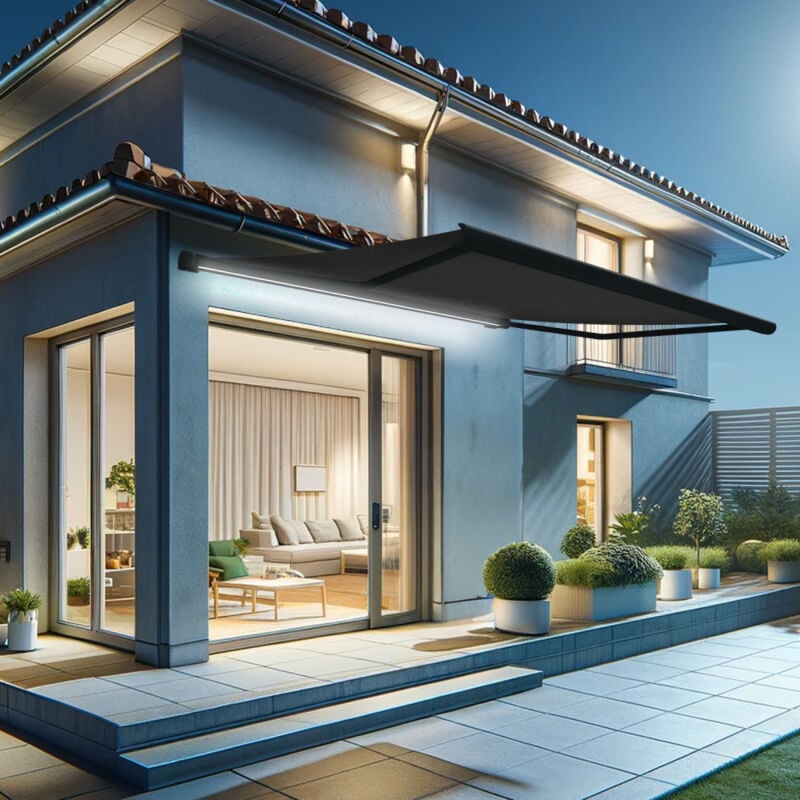 Store banne coffre intégral hevoa 4,00x3,00 m (Motorisé Secours à Télécommande + led - Gris anthracite structuré RAL7016ST - Gris graphite)