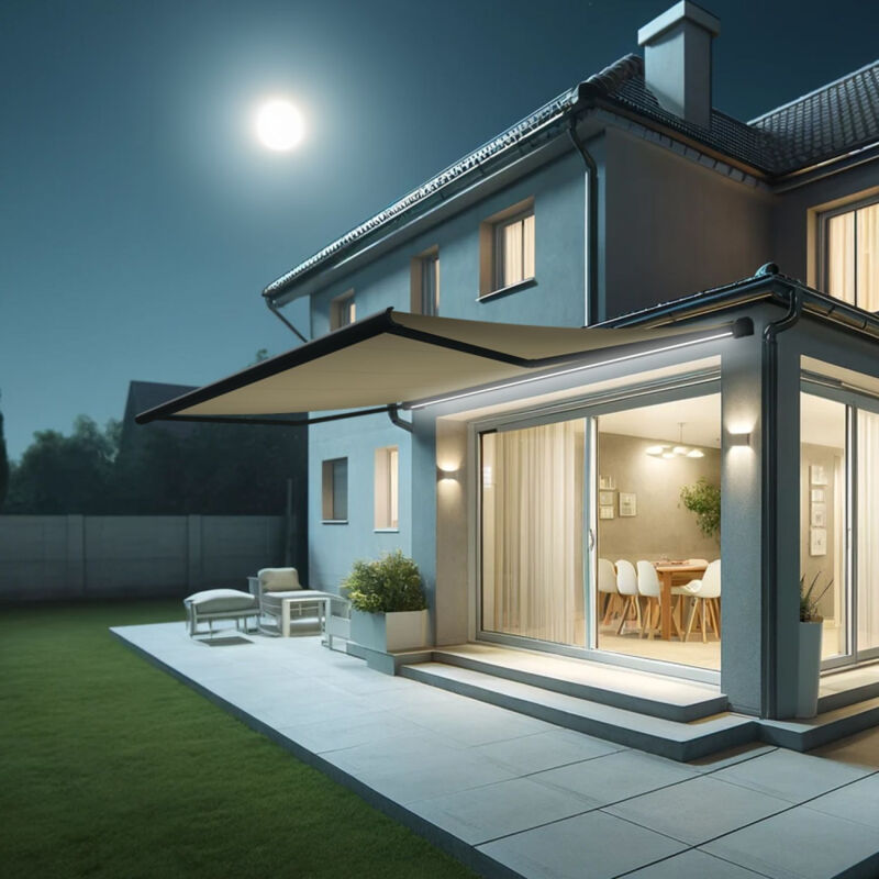 Store banne coffre intégral hevoa 5,00x3,50 m (Motorisé Secours à Télécommande + led - Gris anthracite structuré RAL7016ST - Écru)