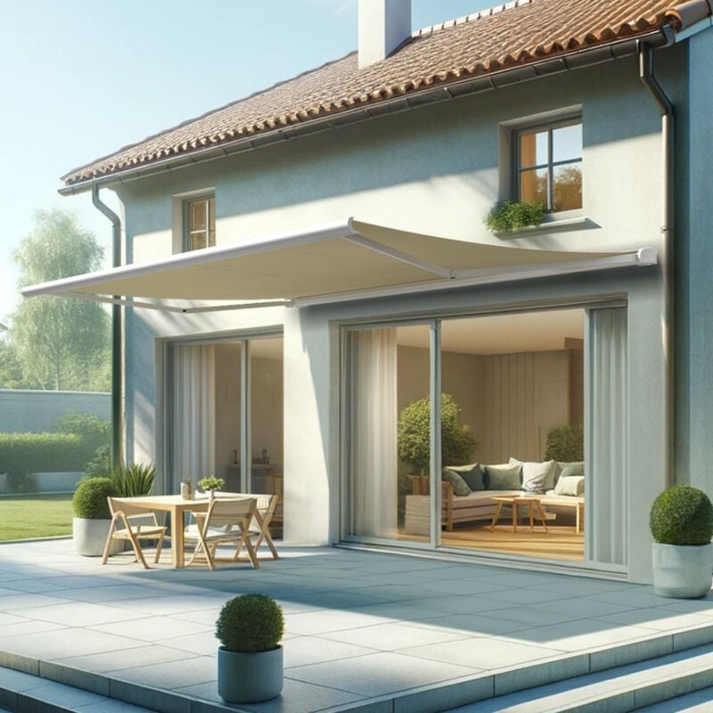 Store banne coffre intégral hevoa 5,00x3,50 m (Manuelle - Blanc satiné RAL9010 - Écru)