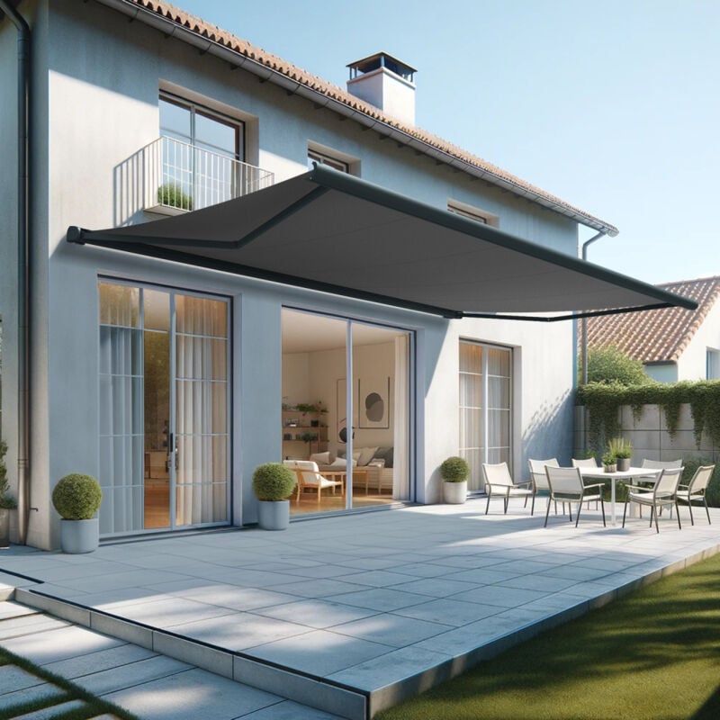 Store banne coffre intégral hevoa 6,00x3,50 m (Motorisé Secours à Télécommande - Gris anthracite structuré RAL7016ST - Gris graphite)