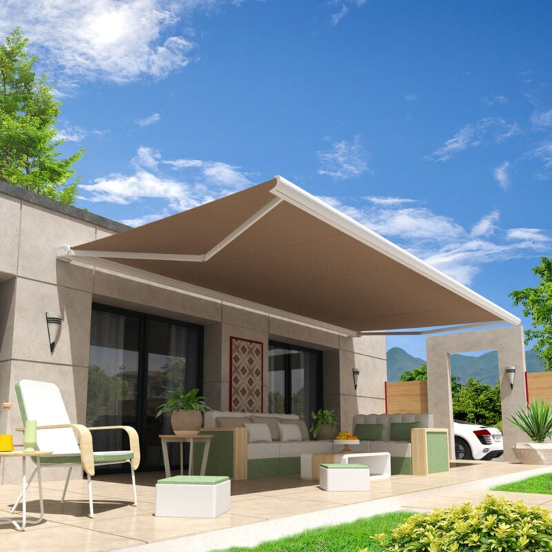 Store banne coffre intégral hevoa 6,00x3,50 m (Motorisé Secours à Télécommande - Blanc satiné RAL9010 - Taupe)