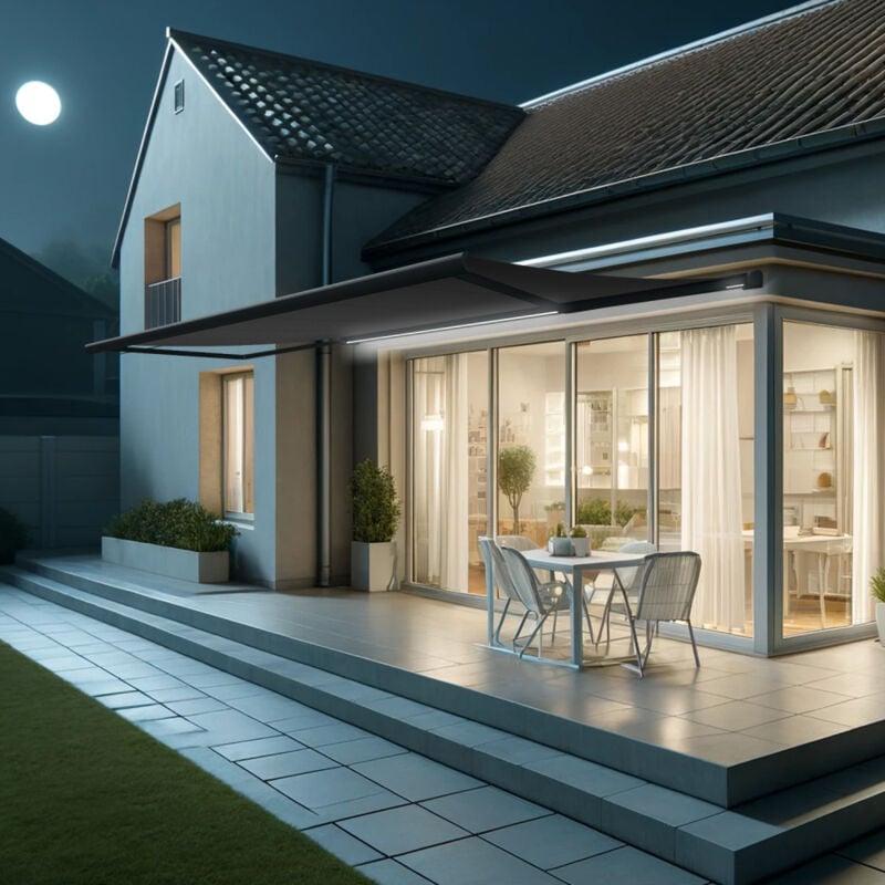 Store banne coffre intégral hevoa 6,00x3,50 m (Motorisé Secours à Télécommande + led - Gris anthracite structuré RAL7016ST - Gris graphite)