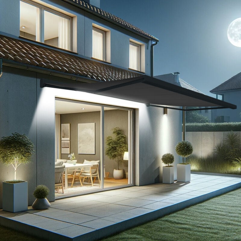 Store banne coffre intégral soa 5,00x3,50 m (Motorisé Secours à Télécommande + led - Gris anthracite structuré RAL7016ST - Gris graphite)