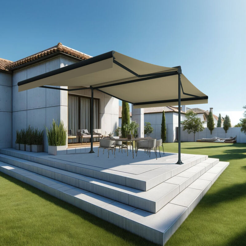 Store banne double pente ENARGITE 4,00x2x3,00 M (Manuelle - Gris anthracite structuré RAL7016ST - Écru)