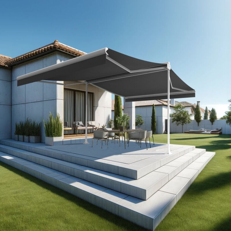 Intersun - Store banne double pente enargite 4,00x2x3,00 m (Manuelle - Blanc satiné RAL9010 - Gris graphite)