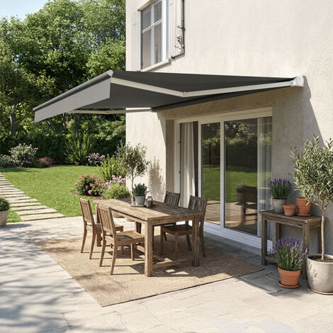 Store banne loggia DIONEA (Motorisation à télécommande + Manœuvre de secours - Blanc RAL 9010 - Gris foncé 250g/m²)