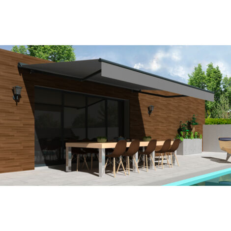 Store banne Semi-coffre COVER 5x3m - Motorisé à télécommande (Motorisé à télécommande secours - Gris Anthracite - Gris Anthracite)