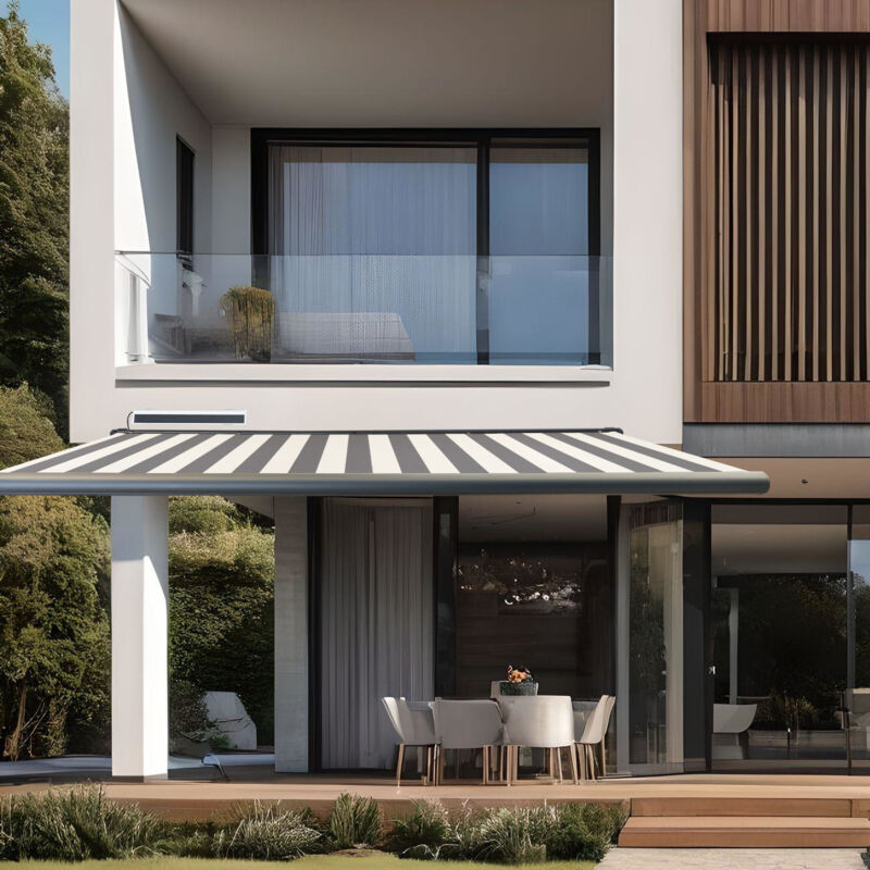 Ici Store - Store Banne Solaire Coffre Intégral Altea Anthracite 7016 3,2 x 2,5 Toile Blanc-Gris