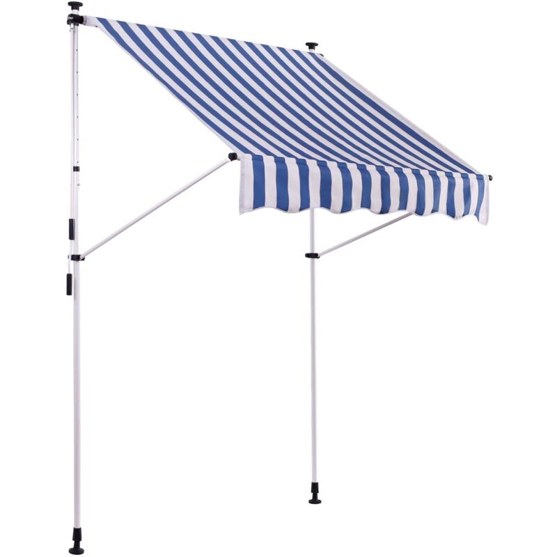 Store banne terrasse auvent à pince avec pied réglable installation sans perçage largeur 150 cm tube en acier tissu blanc / bleu 100002958