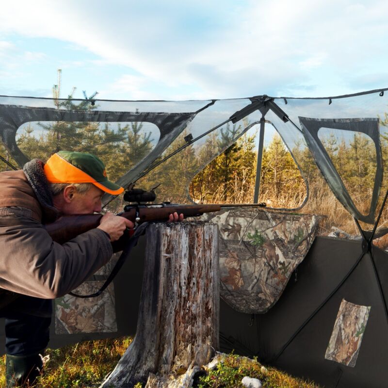 Store de Chasse Portable Transparent Vue Dégagée à 360° Tente de Chasse Escamotable à 2 Panneaux et 3 Fenêtres Triangulaires avec Sac de Transport
