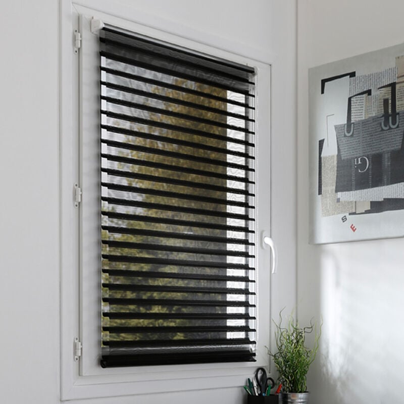 Madecostore - Store enrouleur jour nuit duo voile sans percer - Noir - L56 x H150cm