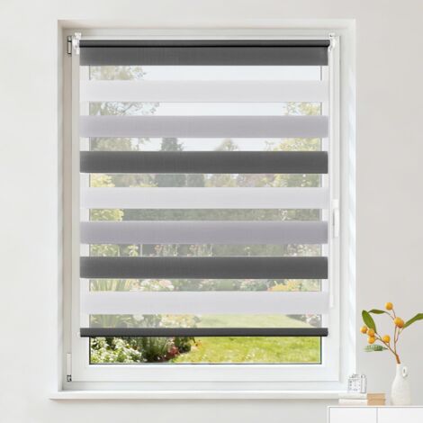 Store Enrouleur Jour Nuit - 1 Unité - Polyester - Réglage Lumière - Fenêtre ou Porte - Blanc Gris Anthracite 35x120 cm