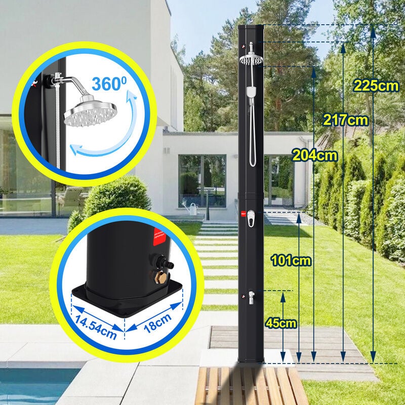 Hengda Douche solaire intégré. pomme de douche ronde. pédiluve. matériel de montage 40L (avec couvercle de protection. avec douchette à main)