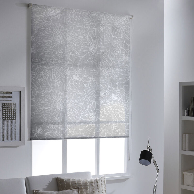 Madecostore - Store enrouleur tamisant motifs fleurs - Gris clair - L49 x H190cm