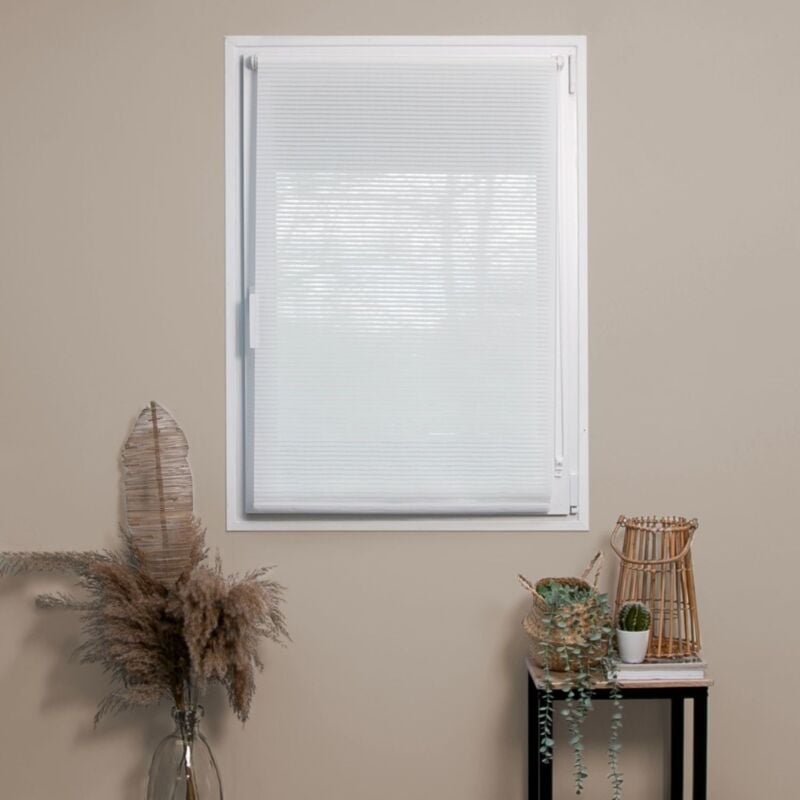 Madecostore - Store enrouleur tamisant strié sans percer - Essentiel - Blanc - L110 x H170cm