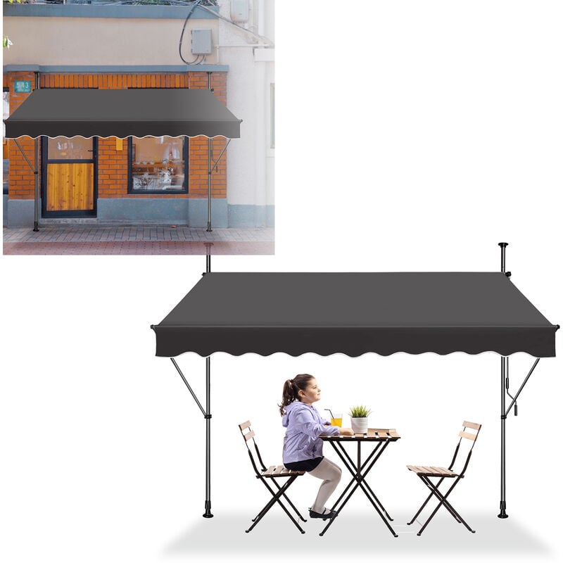 Store extérieur Store banne Manuel 300 x 120 cm Auvent de balcon Manuel Rétractable avec manivelle Sans perçage, Gris foncé Hengmei