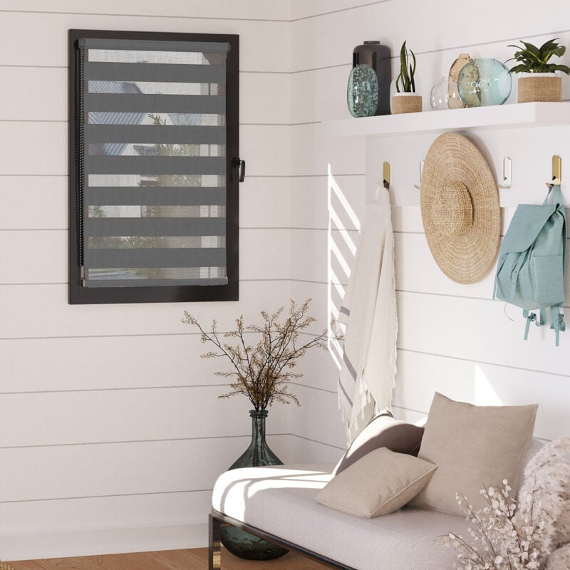 Madecostore - Store enrouleur jour nuit chaînette coordonnée sans percer - Violet - L76 x H190cm