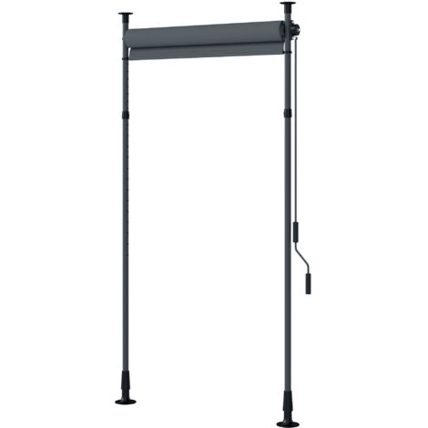 Store manuel rétractable sur pied longueur réglable manivelle installation sans perçage métal alu. polyester gris foncé