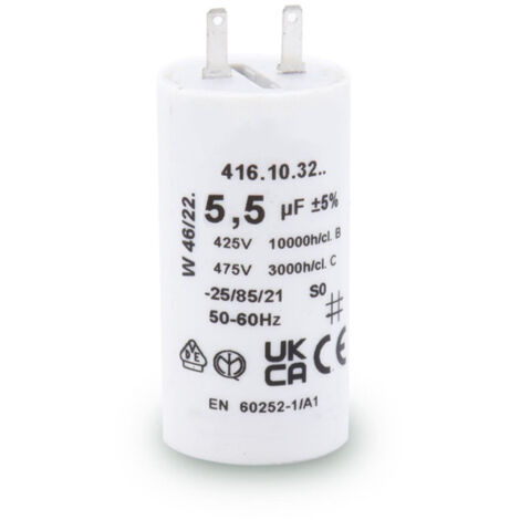 Store Menuiserie – Condensateur 5,5 uF 450V AC – Longueur 67 mm avec cosses – Durée de vie 10 000 heures – Pour moteur de volet roulant