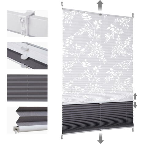 Store Plissé sans Perçage Double Plissé Day+Night occultant sans Perçage, Tendu, Protection Solaire 100% Occultant Motif + Gris foncé 35x100cm