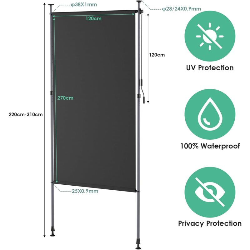 Store Vertical,Store Banne,Store Enrouleur occultant,Extensible,sans Perçage,Imperméable,Protection Solaire,pour Balcon,Terrasse (120×270cm, Gris)