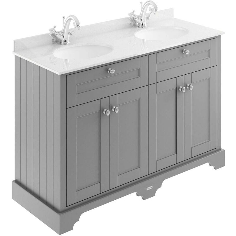 Old London Storm Grey 1200mm 4 Door Vanity Unit with White Marble Top and Double 1 Tap Hole Basins - LOF264