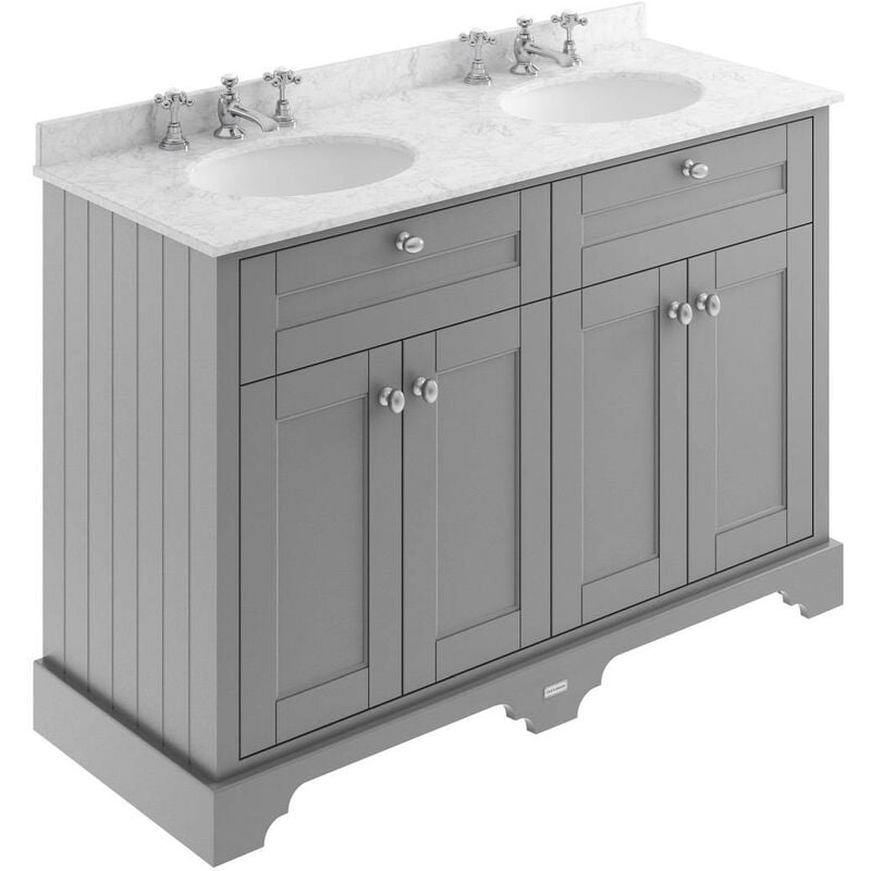 Old London Storm Grey 1200mm 4 Door Vanity Unit with Grey Marble Top and Double 3 Tap Hole Basins - LOF268