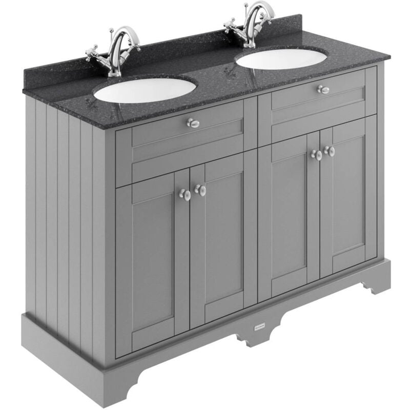 Old London Storm Grey 1200mm 4 Door Vanity Unit with Black Marble Top and Double 1 Tap Hole Basins - LOF263