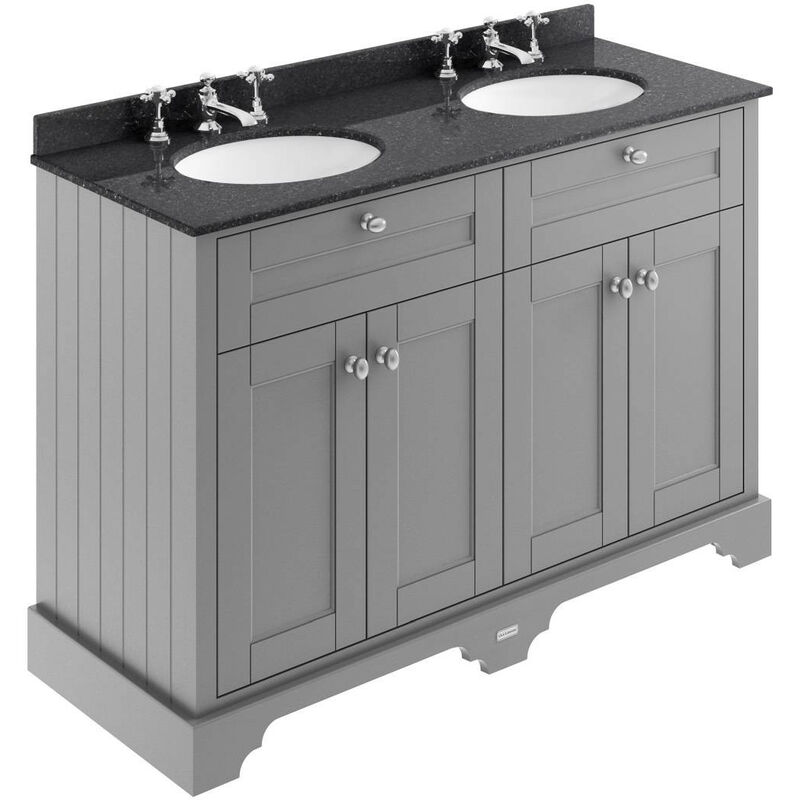 Old London Storm Grey 1200mm 4 Door Vanity Unit with Black Marble Top and Double 3 Tap Hole Basins - LOF266