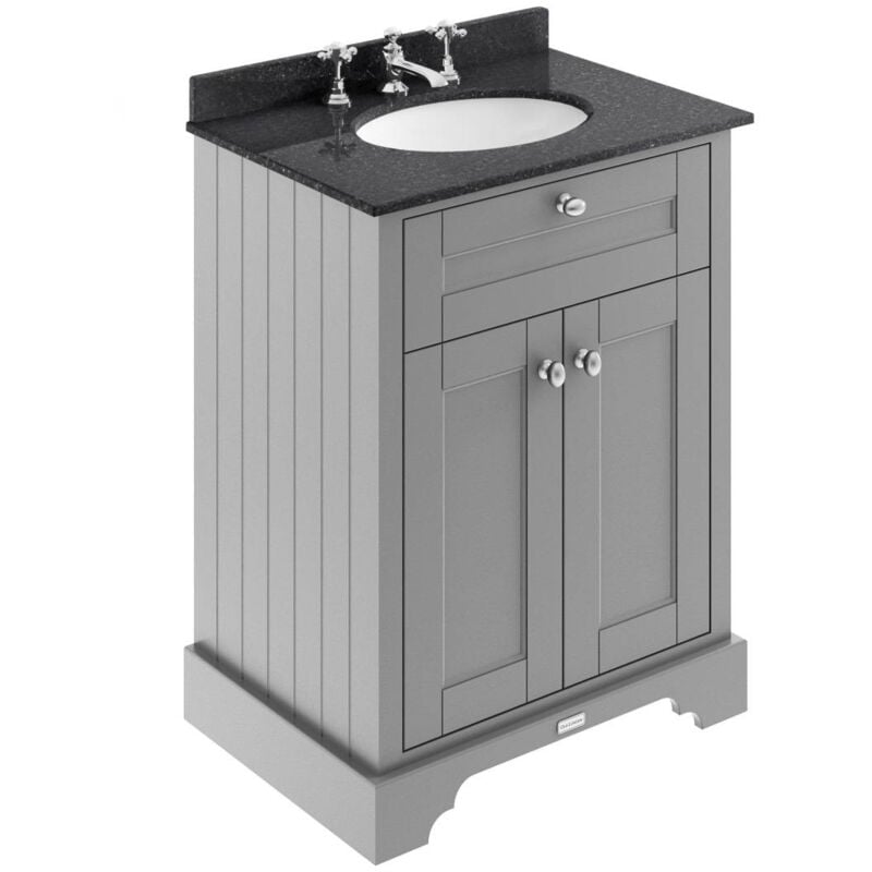 Old London Storm Grey 600mm 2 Door Vanity Unit with Black Marble Top and Basin with 3 Tap Holes - LOF224