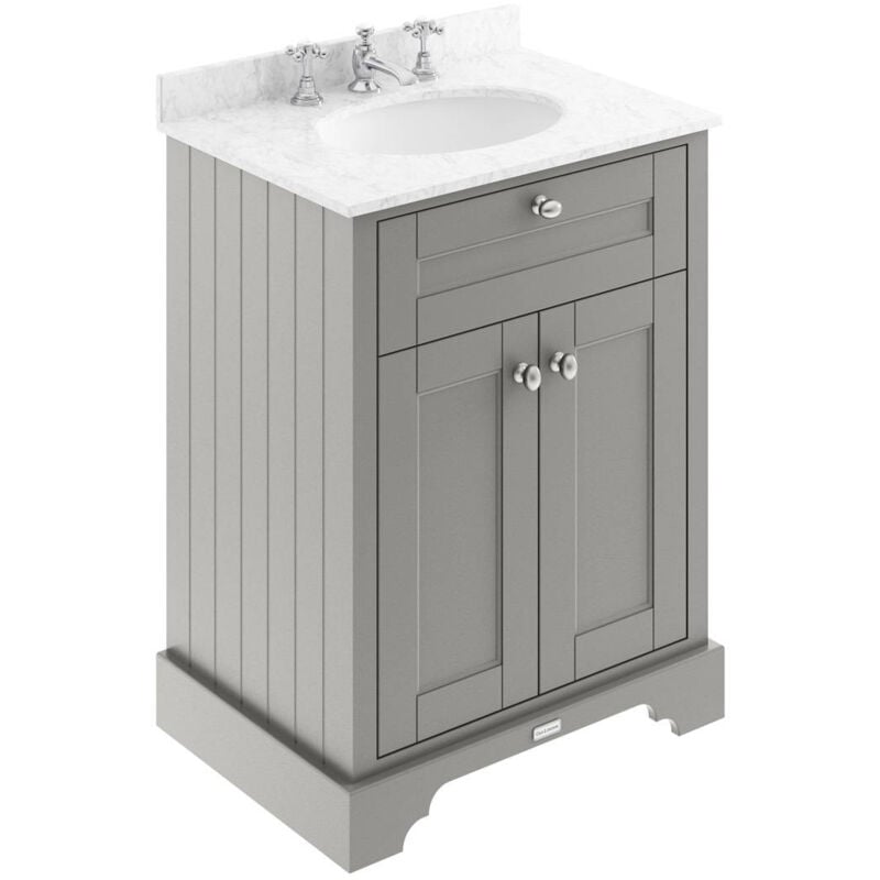 Old London Storm Grey 600mm 2 Door Vanity Unit with Grey Marble Top and Basin with 3 Tap Holes - LOF226