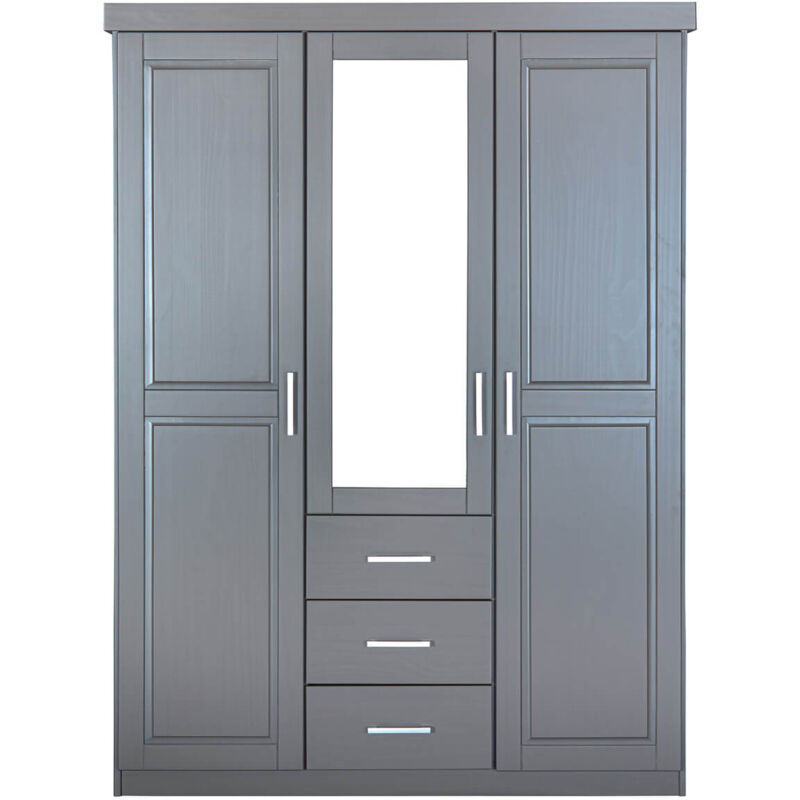 STRADI - Armoire 3 Portes 3 Tiroirs Grise avec Miroir