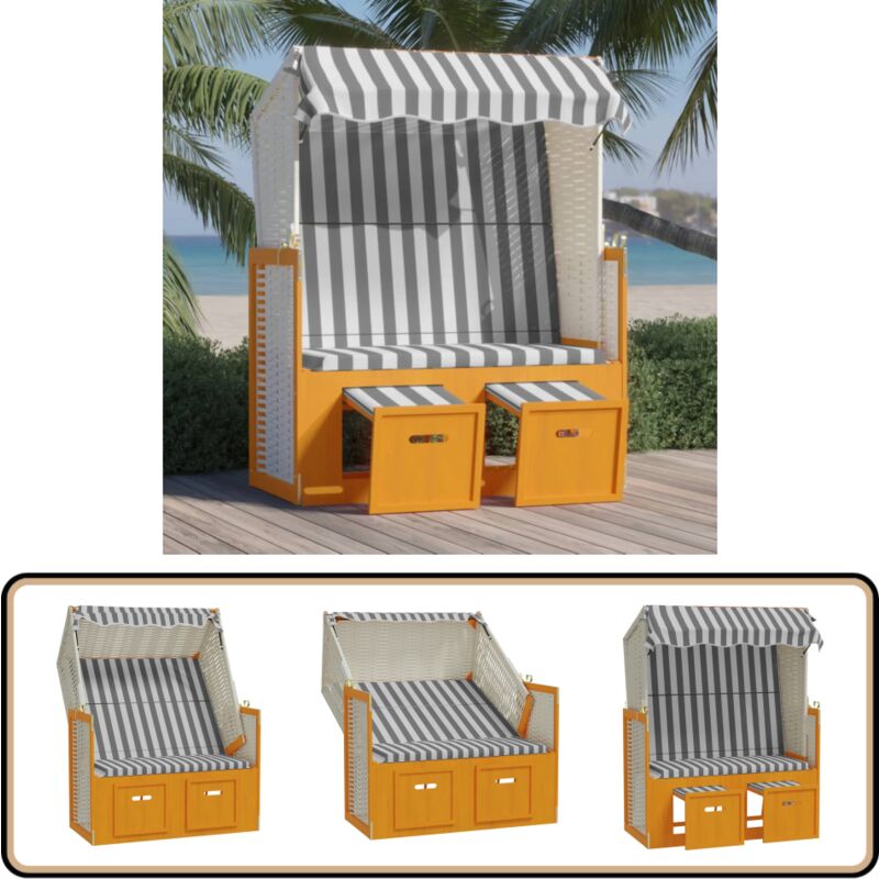 Strandkorb avec auvent résine tressée et bois solide blanc gris - Chaise Longue - Transat - Bain De Soleil - Salon De Jardin - Meubles De Jardin