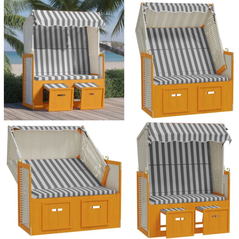 Strandkorb avec auvent résine tressée et bois solide blanc gris - Chaise Longue - Transat - Bain De Soleil - Salon De Jardin - Meubles De Jardin