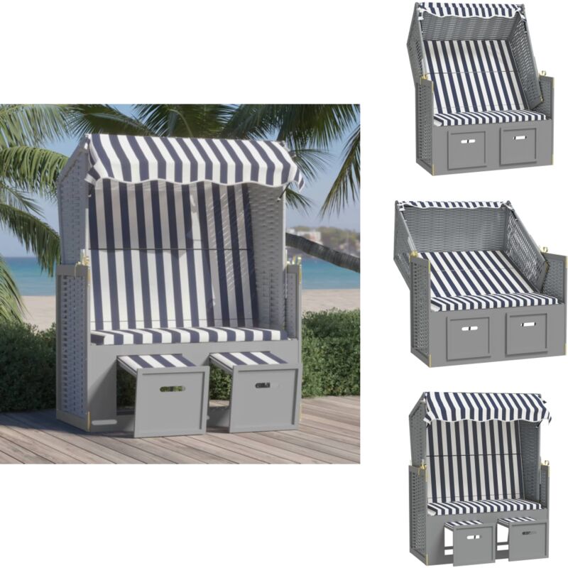 Strandkorb avec auvent résine tressée et bois solide bleu blanc - Chaise Longue - Transat - Bain De Soleil - Salon De Jardin - Meubles De Jardin