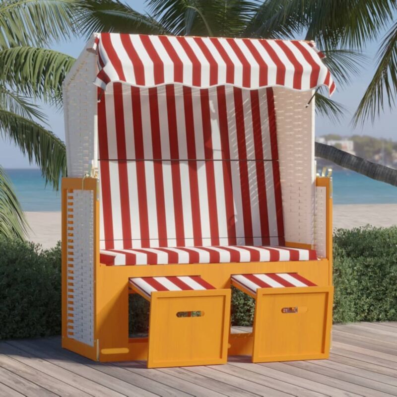 Strandkorb avec auvent Résine tressée bois solide Rouge blanc