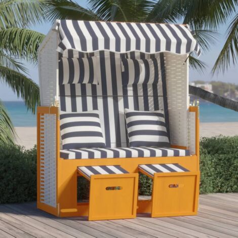 Strandkorb con Cuscini Polyrattan e Legno Massello Bianco e Blu