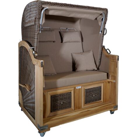 Strandkorb Teak beige uni Stoff 2 Sitzer Voll-Liegemodell
