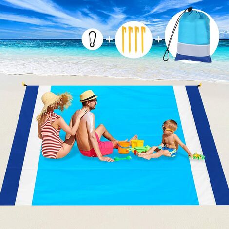 Strandmatte, Picknickdecke für Erwachsene, 200 x 210 cm, Stranddecke, sandfrei, wasserdicht, Stranddecke extra groß mit Aufbewahrungsöffnung und 4 festen Nägeln für Strand, Camping, Reisen