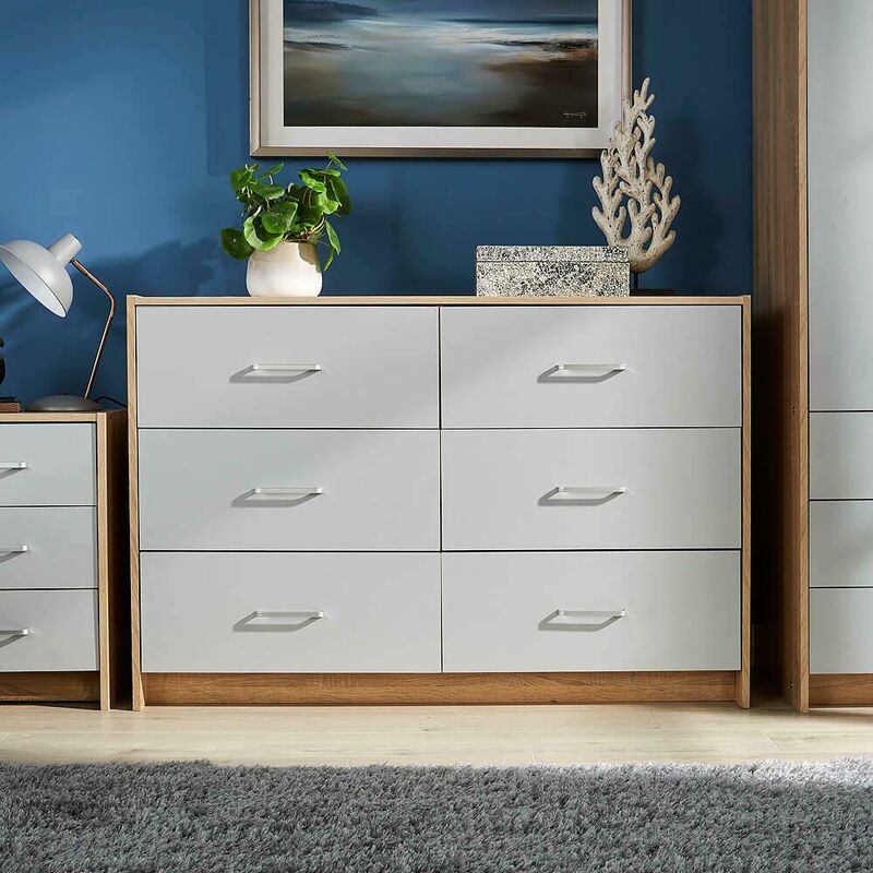 Grey Oak Wide 7 Drawer Chest of Drawers Storage Metal Cup Handles