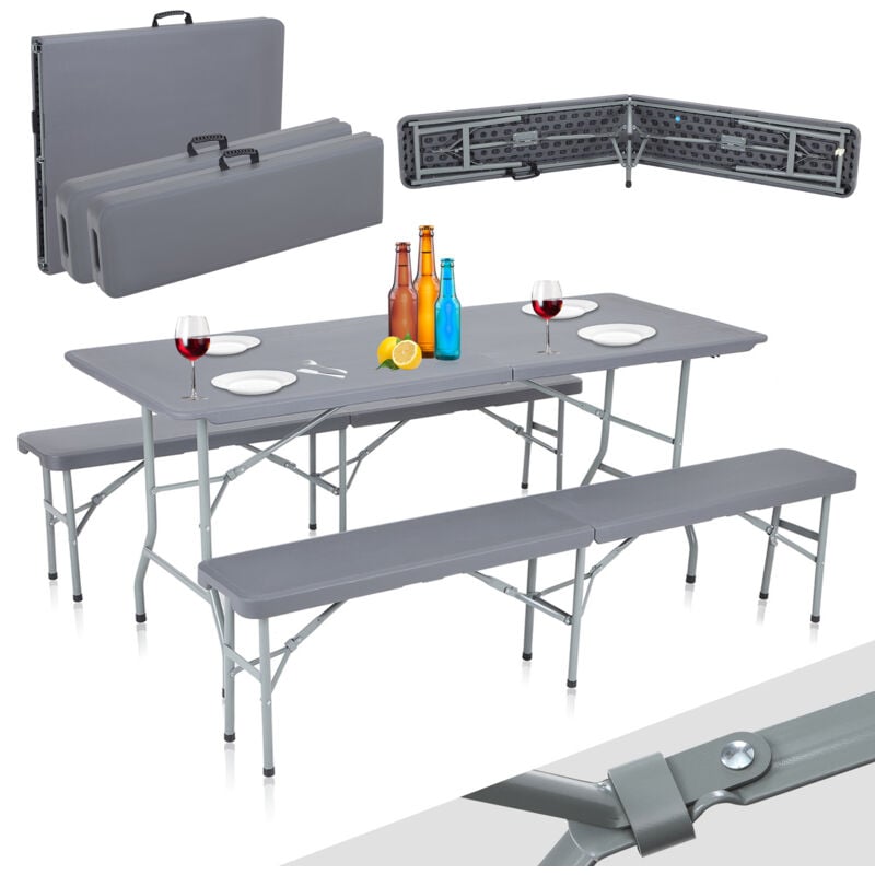 Set de Jardin en Plastique - 2x Banc et Table - Pliable en Gris foncé - Strattore