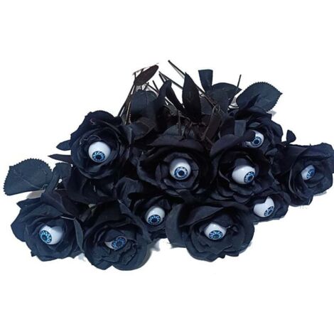 Strauß aus 6 künstlichen schwarzen Rosen für Halloween, langstielige Kunstrosen, Dekoration für Zuhause oder Partys, Blumen mit Augen.