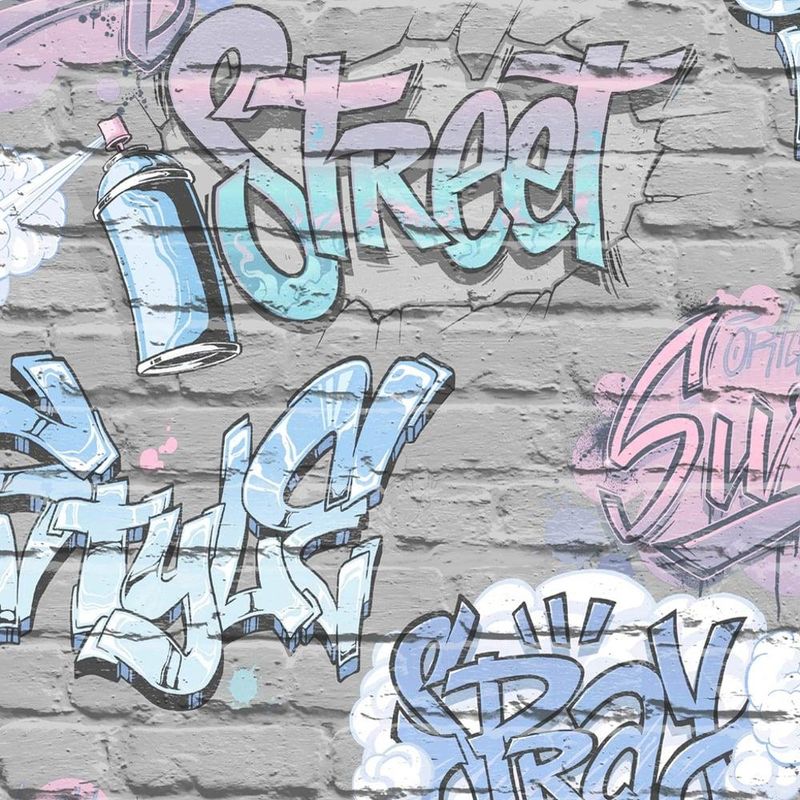 Children's Graffiti Brick Wallpaper Metallic Pink Blue Grey Lilac Urban Ugepa