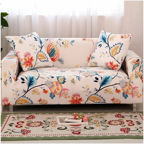 Stretch Sofa Covers Printed Sofa Cover Loveseat Slipcovers for 2 Cushion Sofas Universal Elastic Furniture Protector Cover (190-230cm for 3 Person Sofa, White Flower)