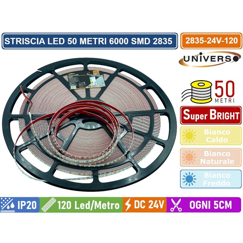 Image of Striscia led smd 2835 bobina da 50 metri 12W/M 24V monocolore 120 led/metro 53000 lumen IP20 - Colore Luce: Bianco Caldo