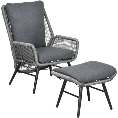 String Rattan Armchair and Footstool Set, with Cushions - Grey