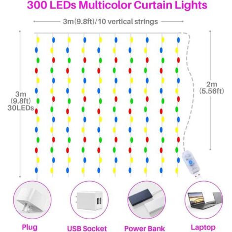 Stringa di luci a LED per tende da 3x3 m con 8 modalità, 300 LED, decorazione impermeabile IP44 (colorata)